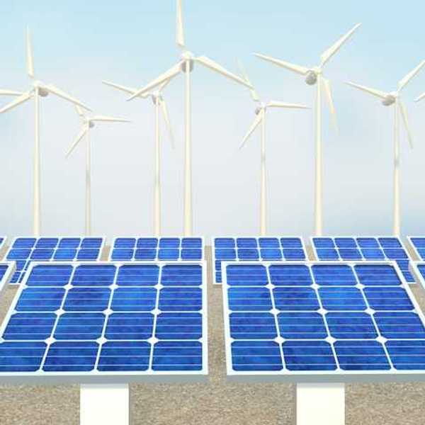 An illustration of a row of solar panels and wind turbines