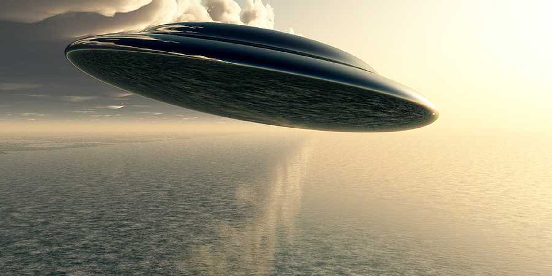 An illustration of a saucer-like space ship flying against a cloudy sky