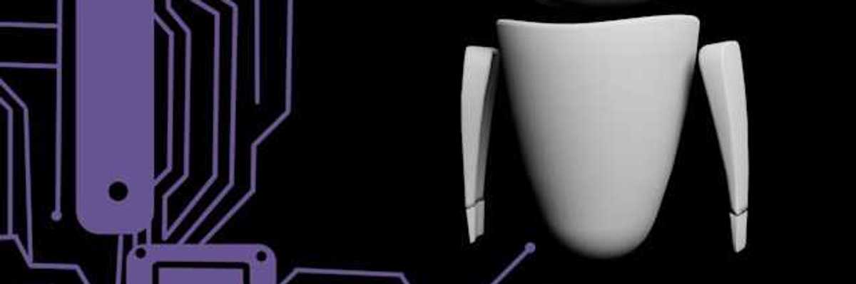 An illustration of an AI chat bot with purple wires next to it