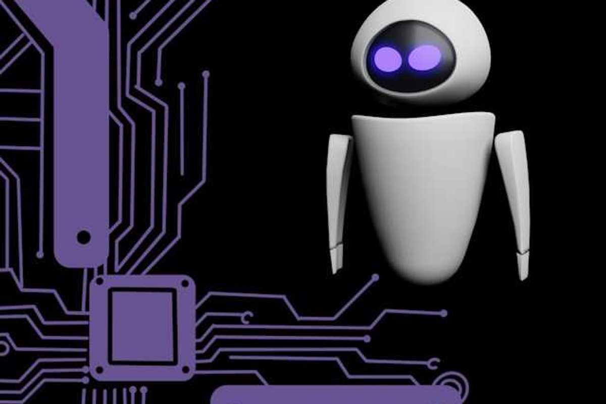 An illustration of an AI chat bot with purple wires next to it