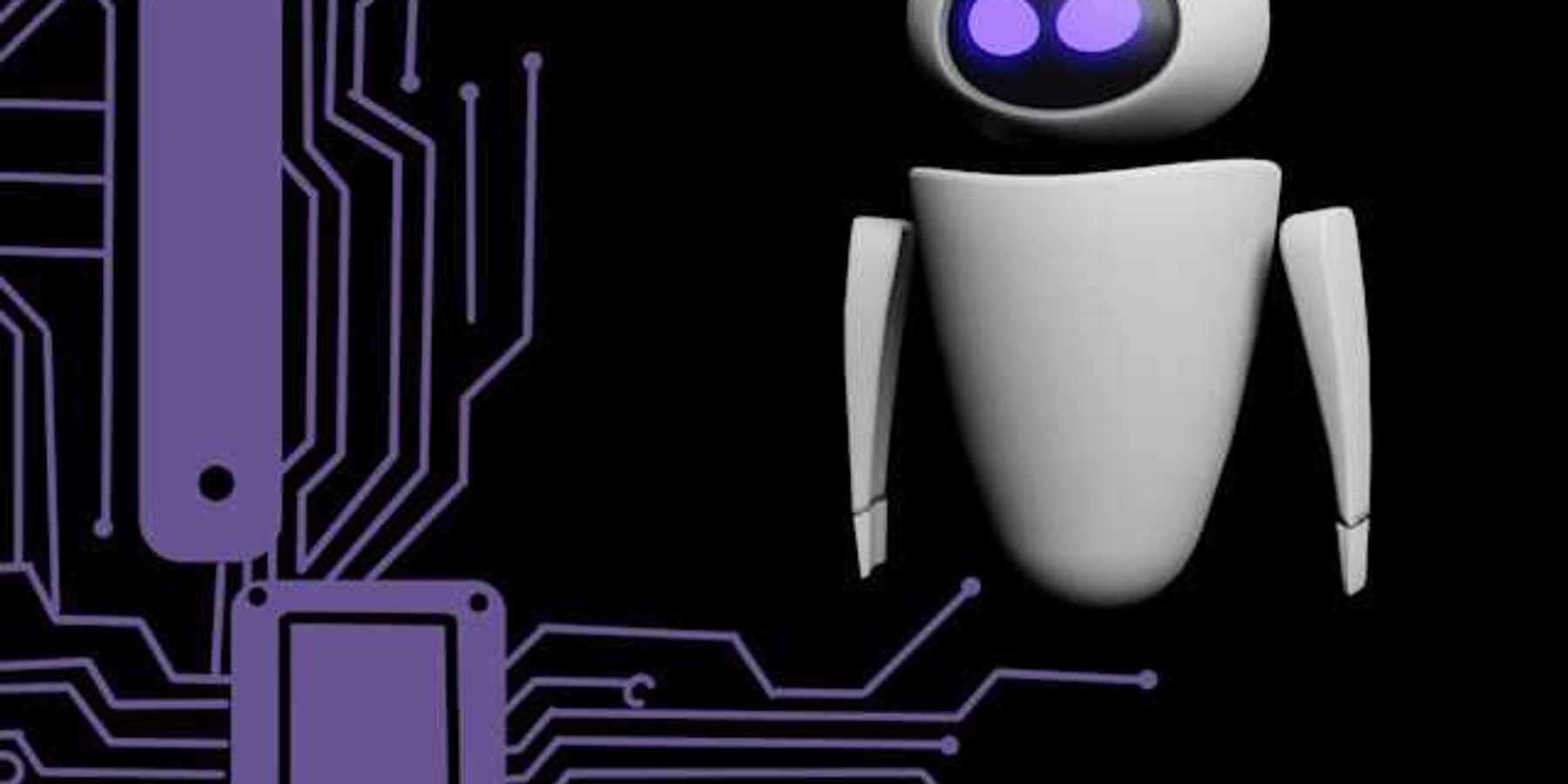 An illustration of an AI chat bot with purple wires next to it