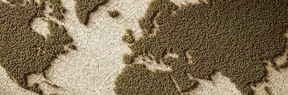 An illustration of continents of the earth with dry land where the oceans should be