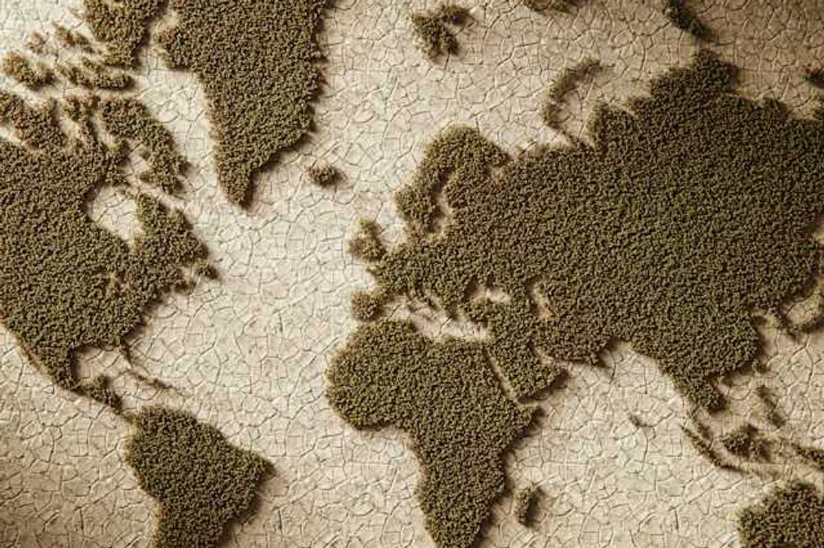 An illustration of continents of the earth with dry land where the oceans should be