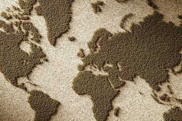An illustration of continents of the earth with dry land where the oceans should be