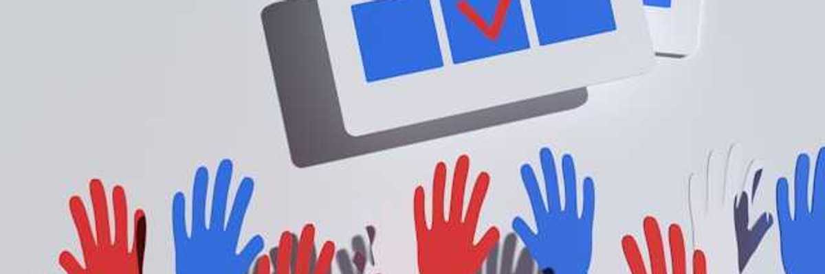 An illustration of hands reaching toward an election ballot