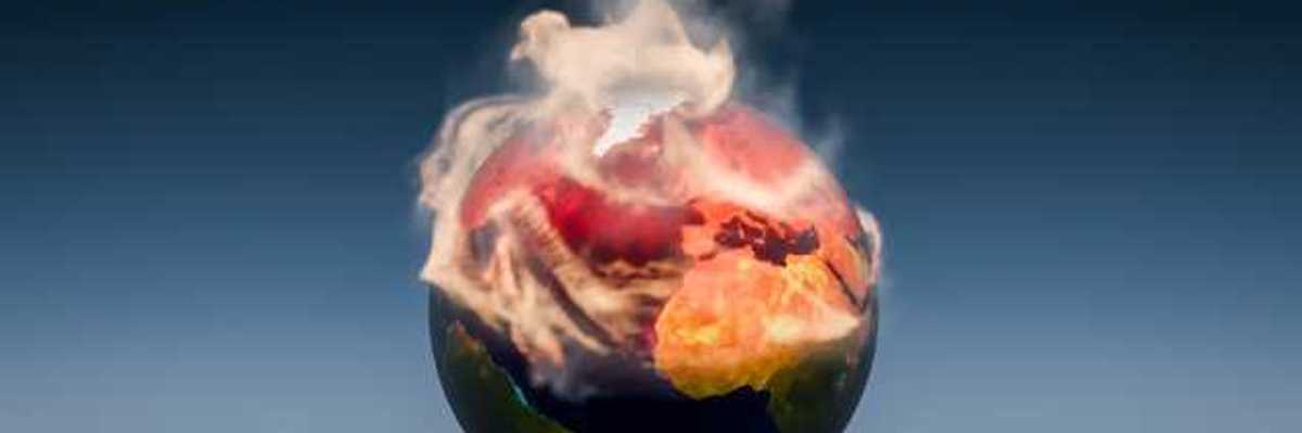 An illustration of planet Earth against a blue background with the top half on fire
