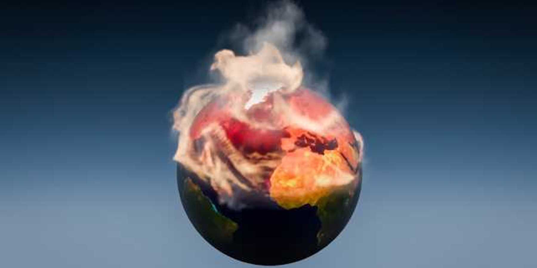 An illustration of planet Earth against a blue background with the top half on fire