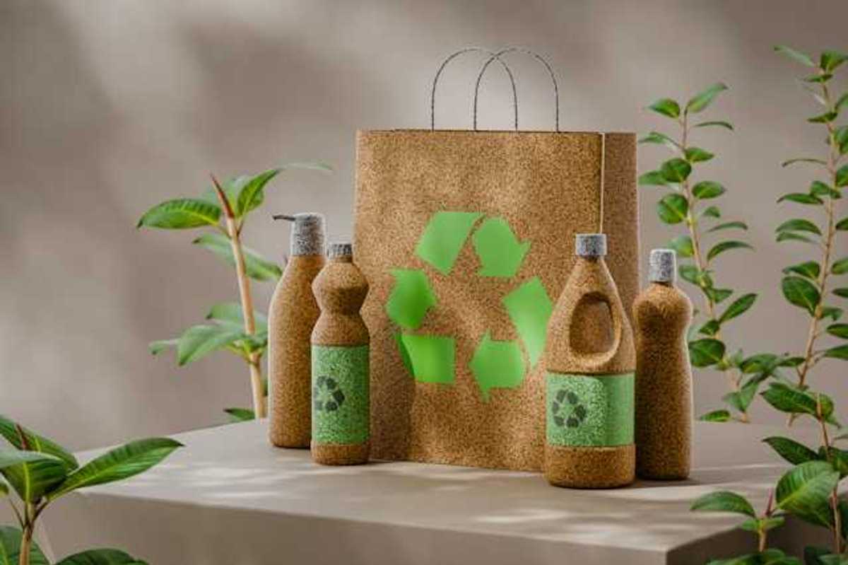 An illustration of recyclable home goods such as bottles and a bag