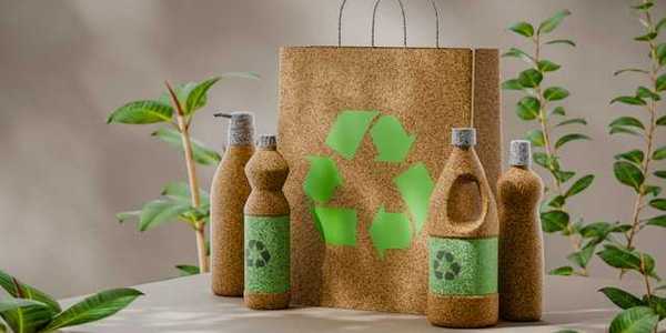 An illustration of recyclable home goods such as bottles and a bag