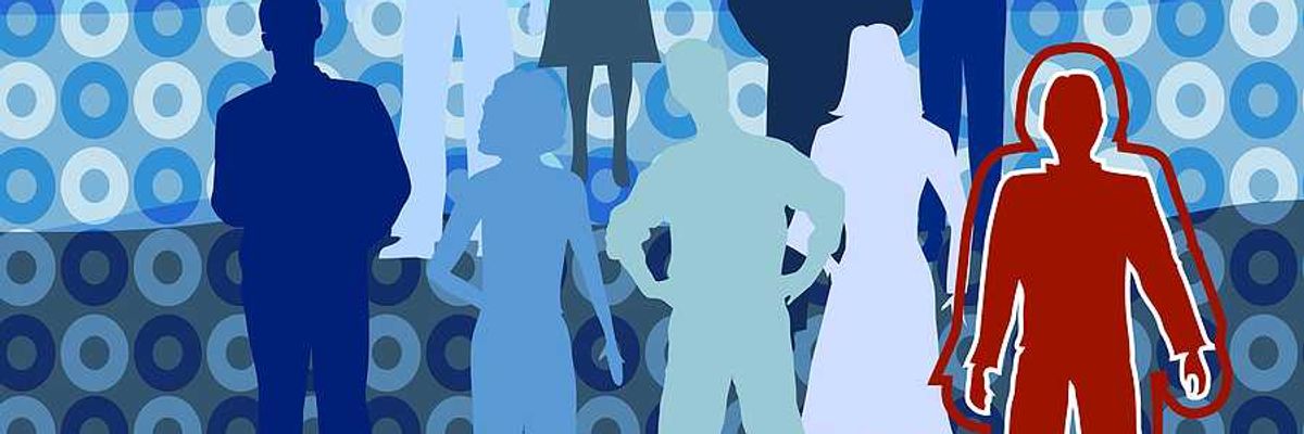 An illustration of silhouettes of people in greens and blues with one person in red