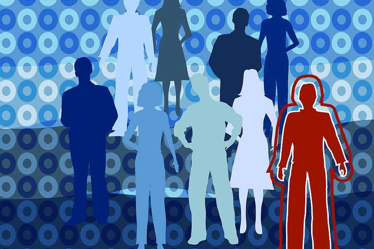 An illustration of silhouettes of people in greens and blues with one person in red