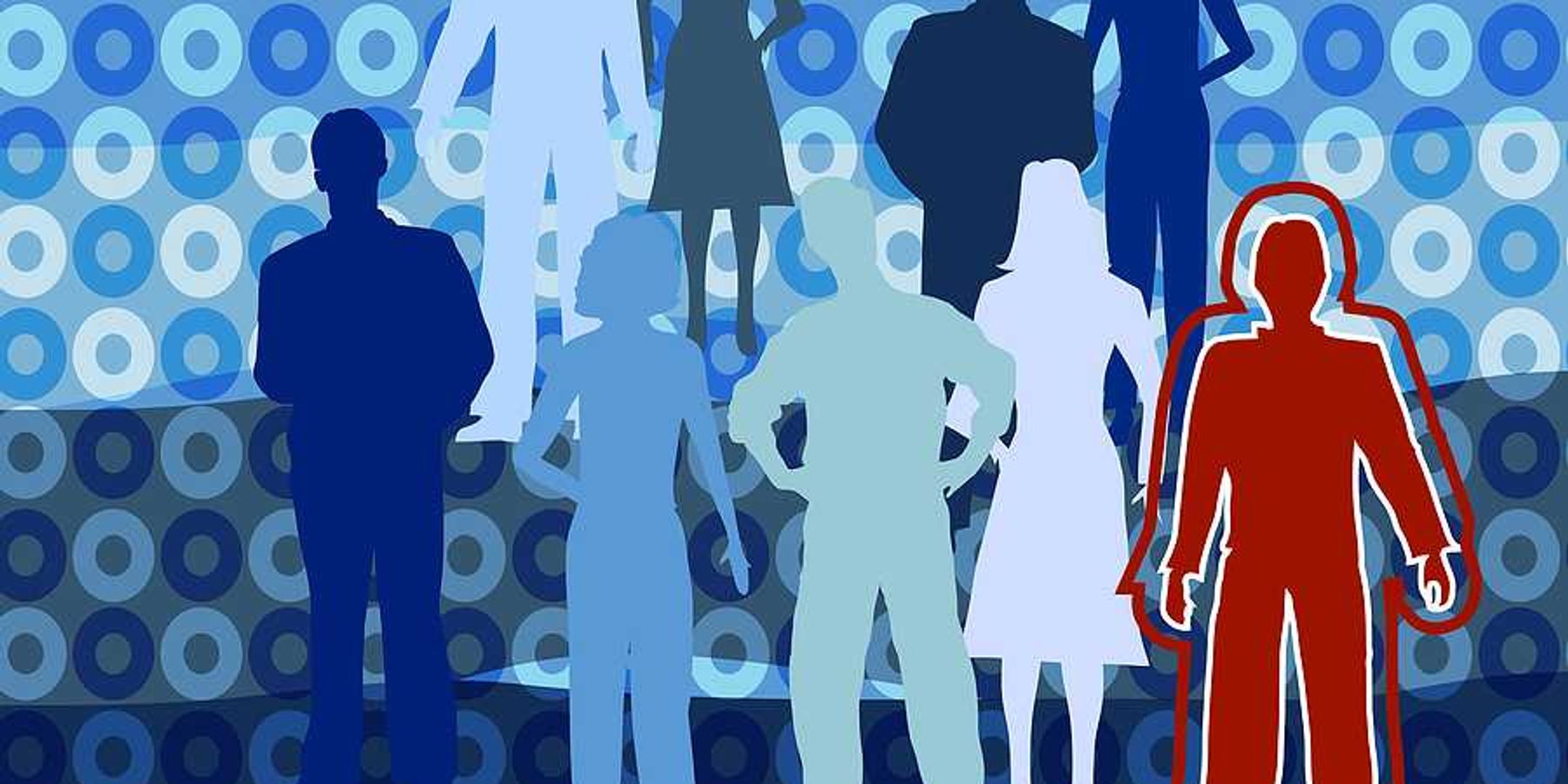 An illustration of silhouettes of people in greens and blues with one person in red