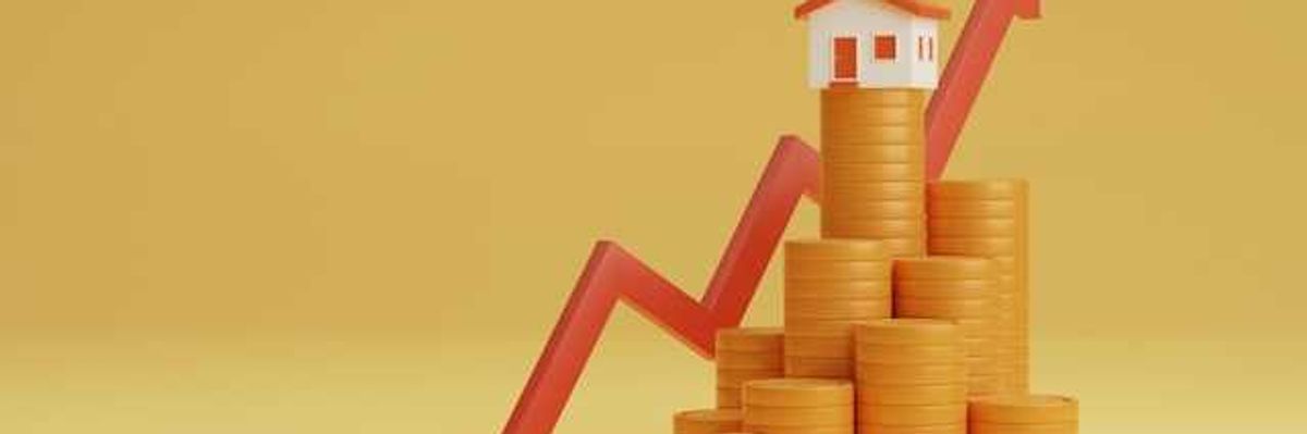 An illustration of stacks of coins and an arrow going up to a house on the tallest pile of coins