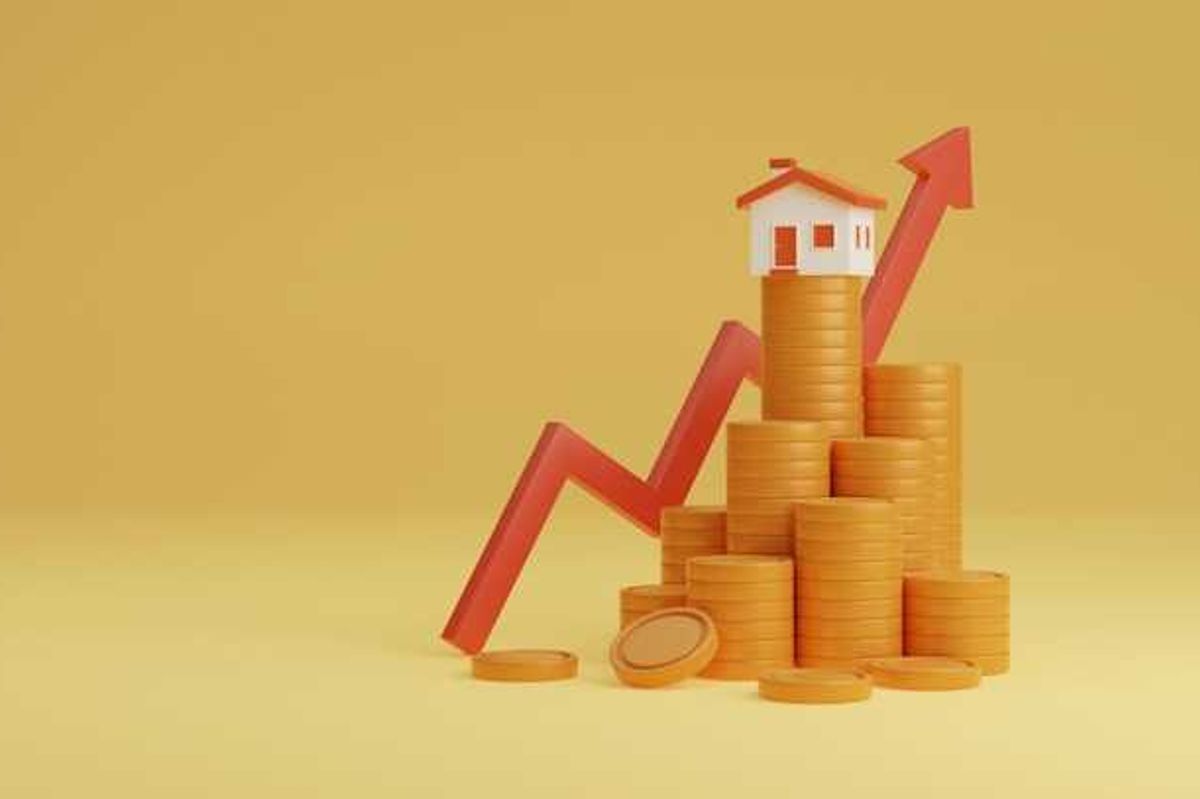 An illustration of stacks of coins and an arrow going up to a house on the tallest pile of coins