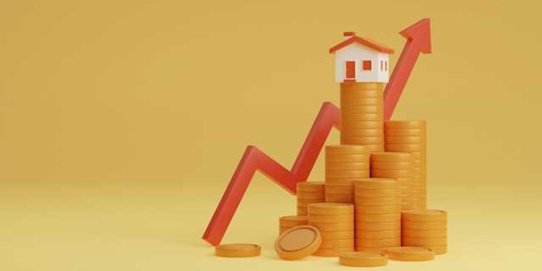 An illustration of stacks of coins and an arrow going up to a house on the tallest pile of coins