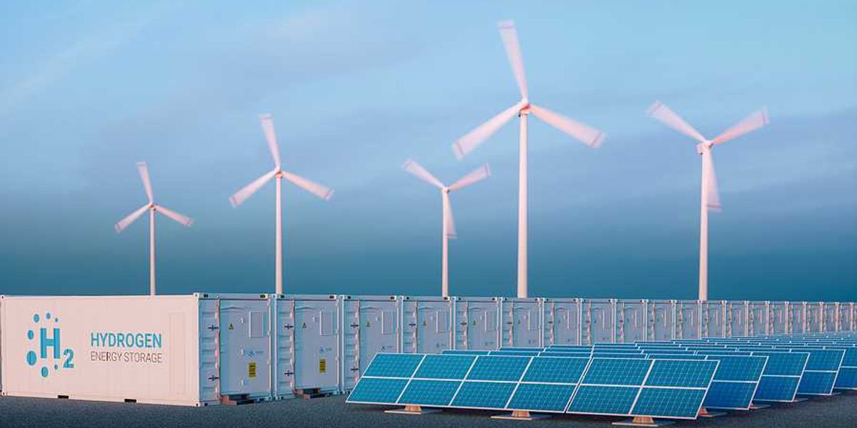 An illustration of storage containers with the word Hydrogen on them, solar panels, and wind turbines