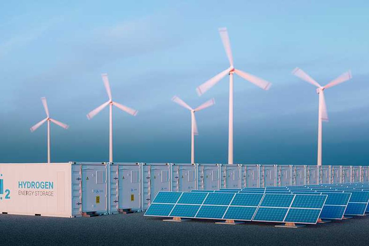 An illustration of storage containers with the word Hydrogen on them, solar panels, and wind turbines