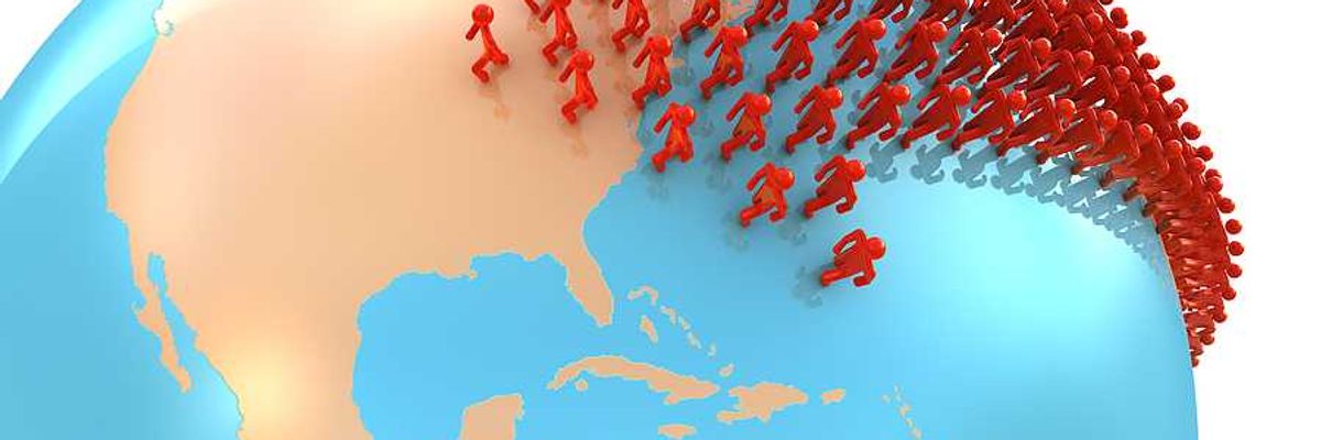 An illustration of the globe with people migrating toward the U.S.