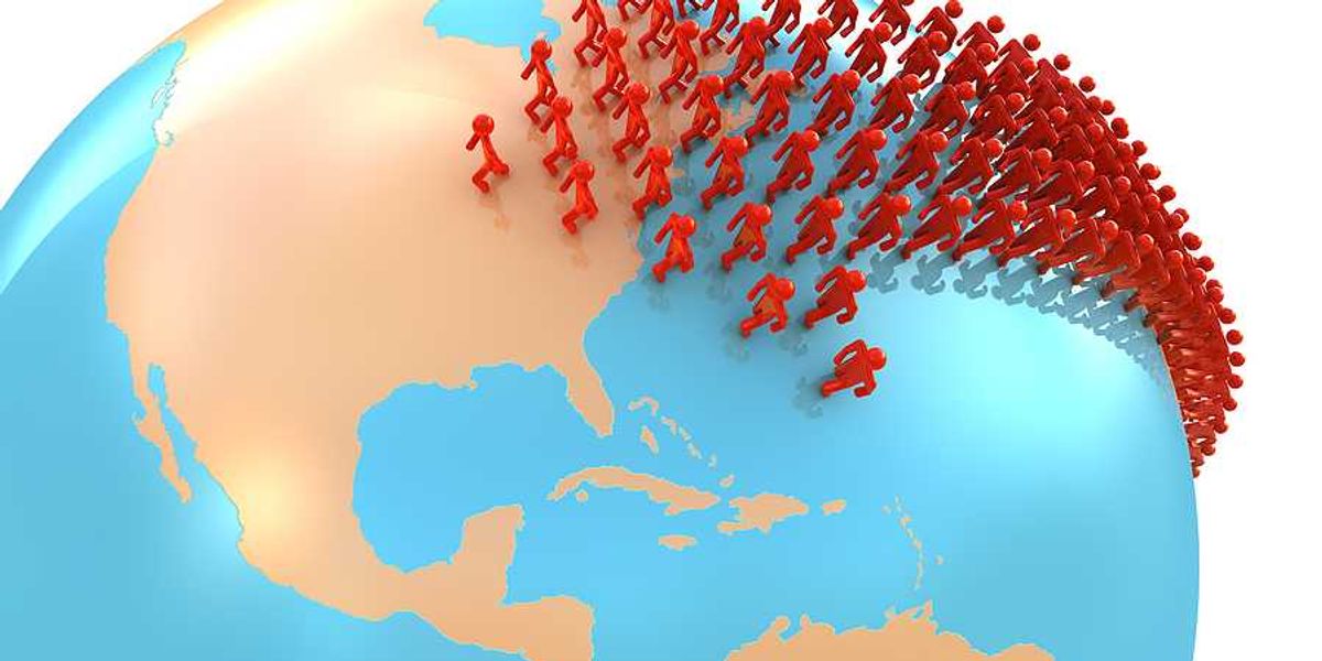 An illustration of the globe with people migrating toward the U.S.