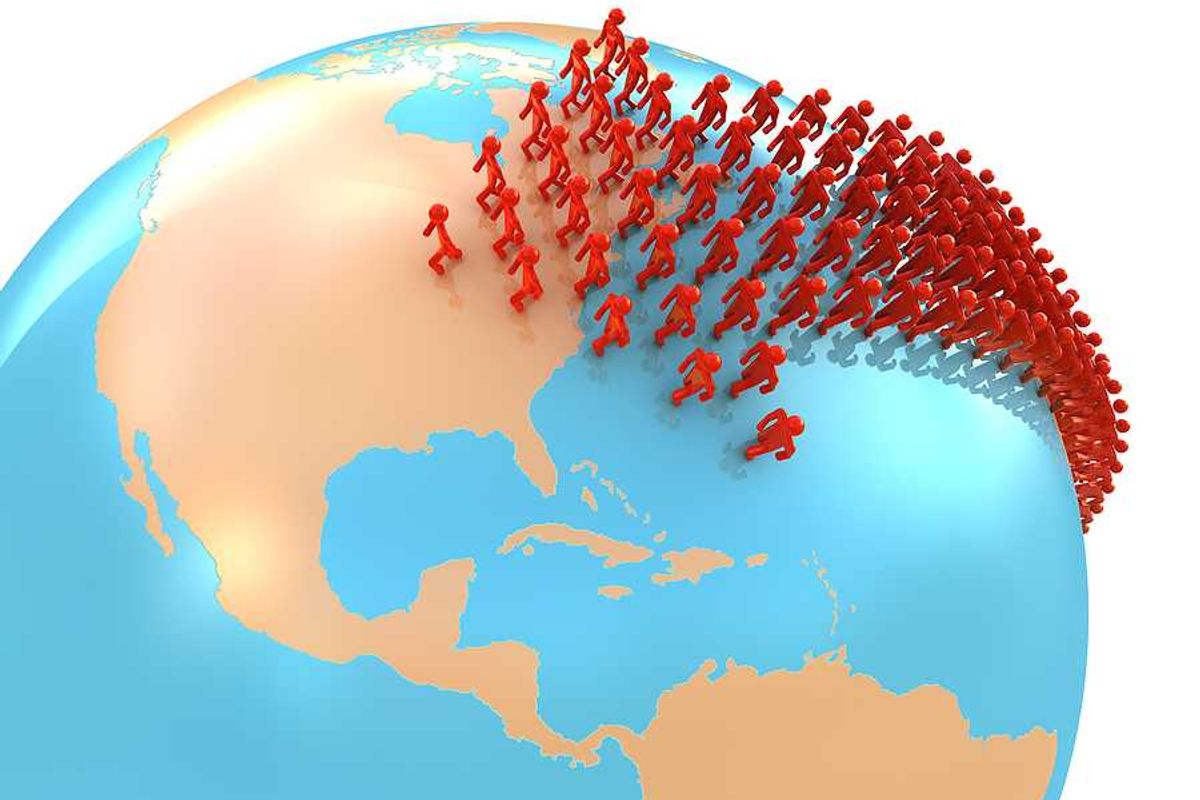 An illustration of the globe with people migrating toward the U.S.