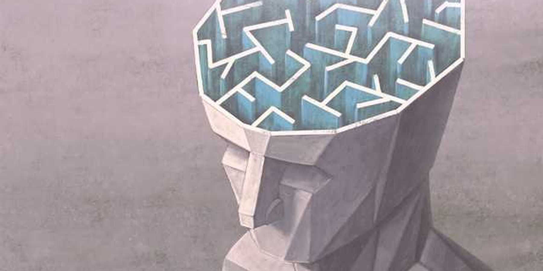 An illustration of the top of a human head with the brain exposed showing a maze