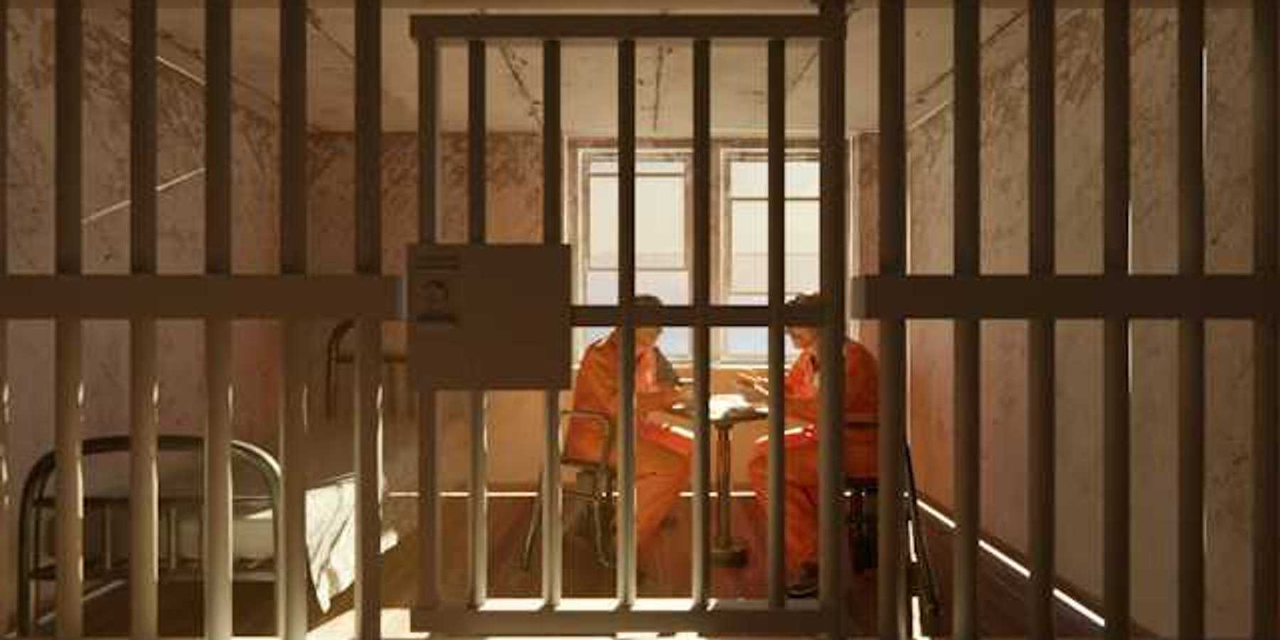 An illustration of two prisoners in orange jumpsuits sitting in a cell