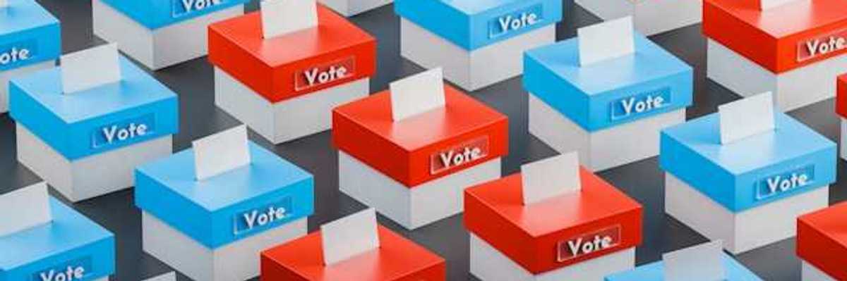 An illustration showing a row of voting boxes with blue and red lids