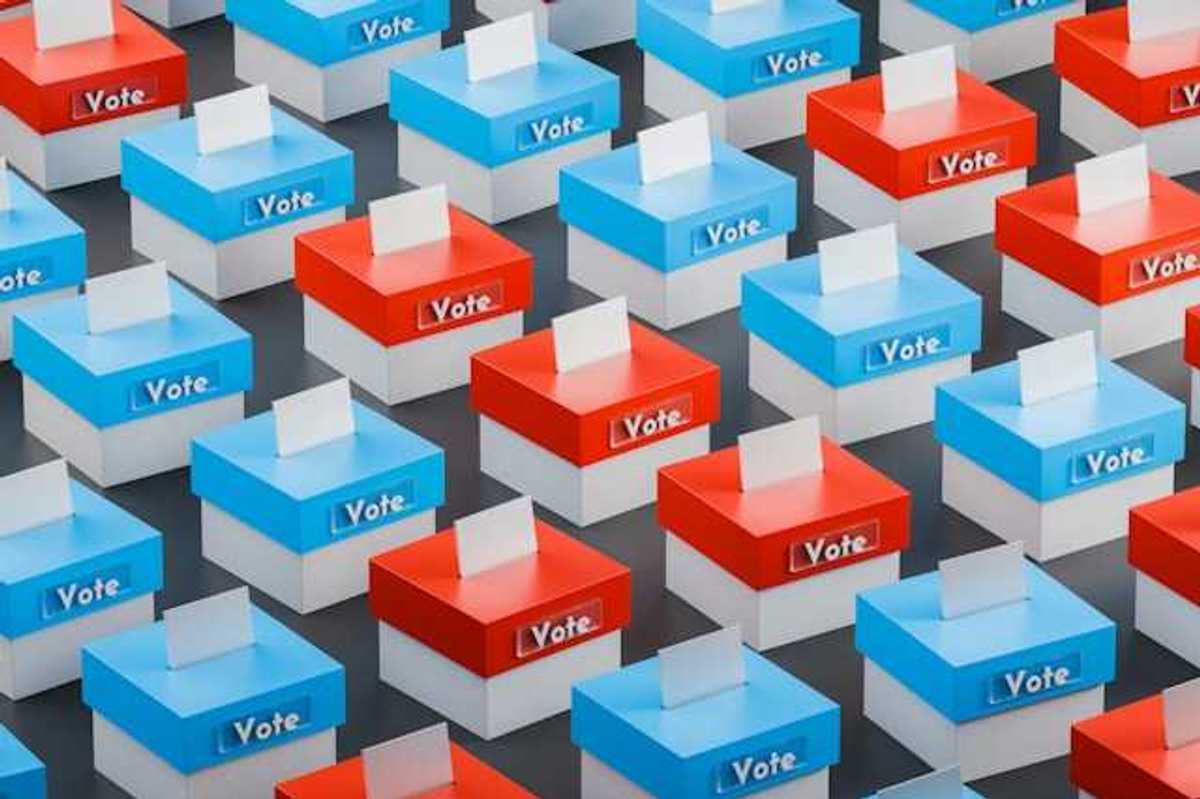 An illustration showing a row of voting boxes with blue and red lids