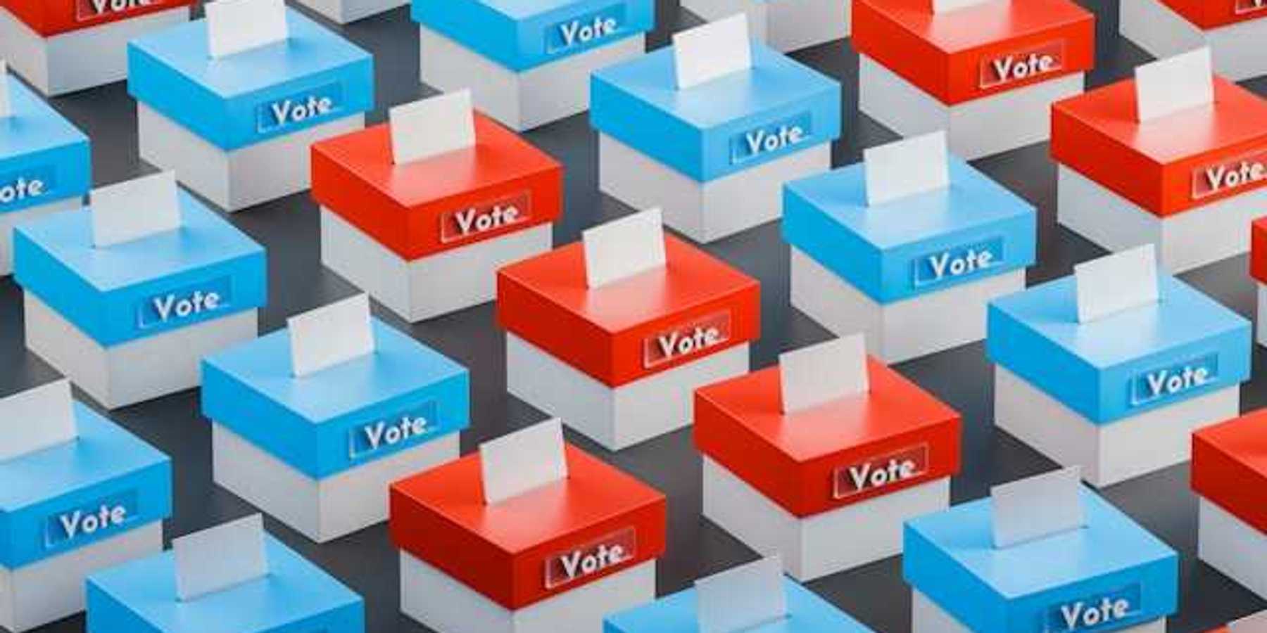 An illustration showing a row of voting boxes with blue and red lids