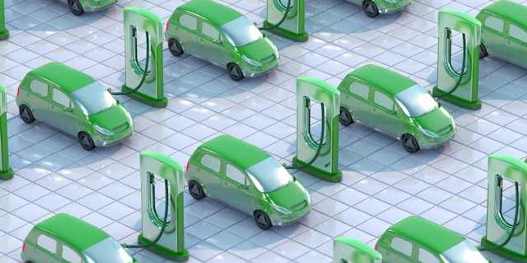 An illustration showing green electric vehicles hooked up to EV charging ports