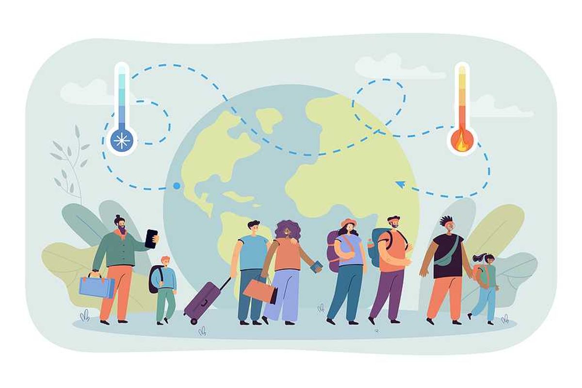 An illustration showing people migrating with an image of a globe in the background