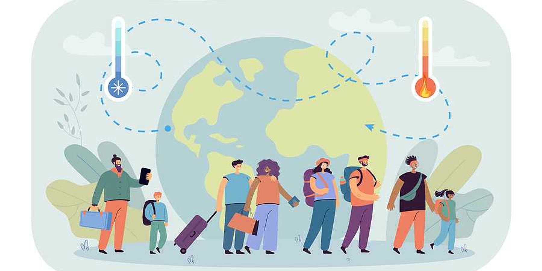 An illustration showing people migrating with an image of a globe in the background