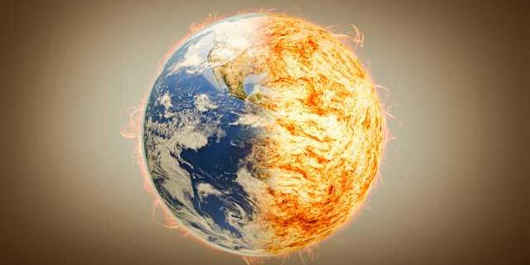 An illustration the earth with one side on fire