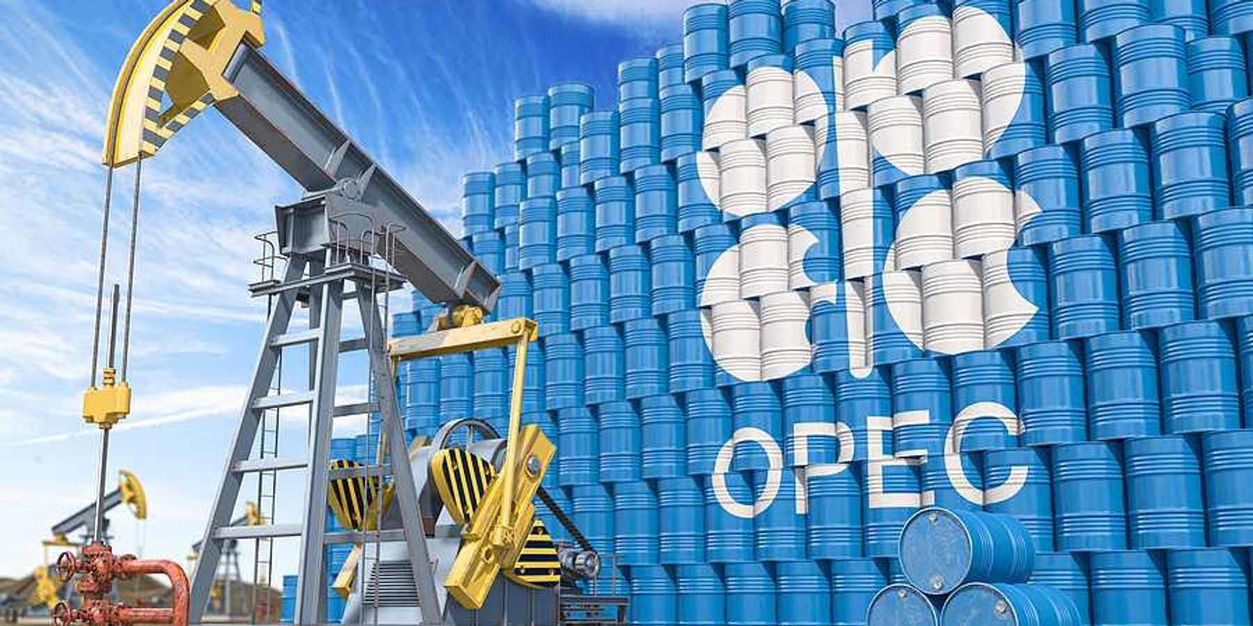 An illustration with a tower of blue oil drums with the word OPEC on it