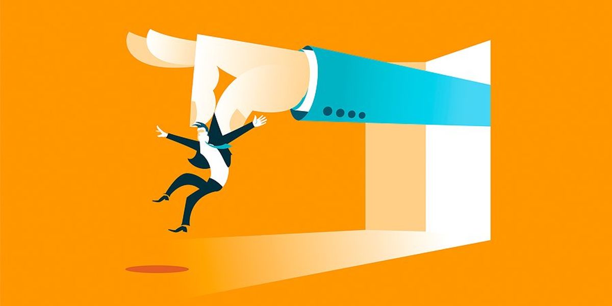 An image of a hand with a miniature cartoon man being thrown out a door.
