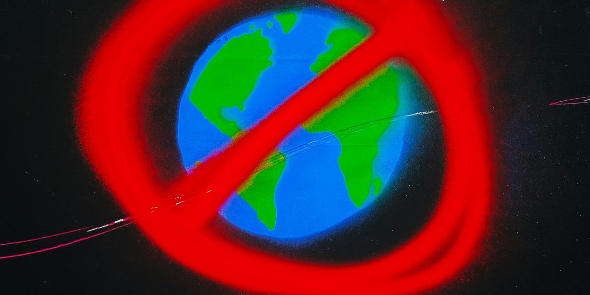 An image of the Earth with a red 'no' logo over it