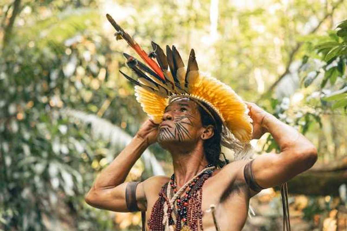 An indigenous Amazon tribe member wearing ceremonial garb