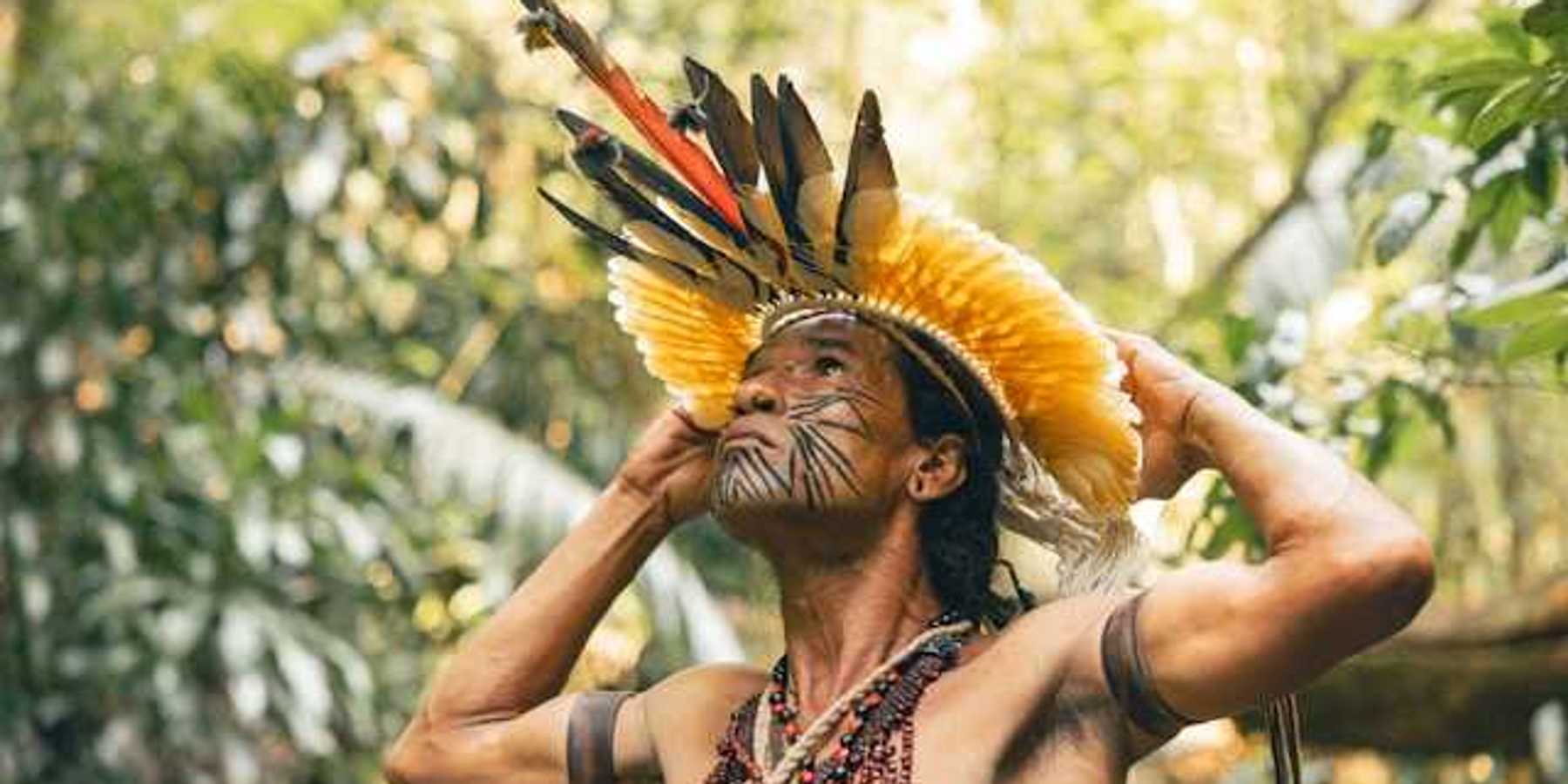 An indigenous Amazon tribe member wearing ceremonial garb