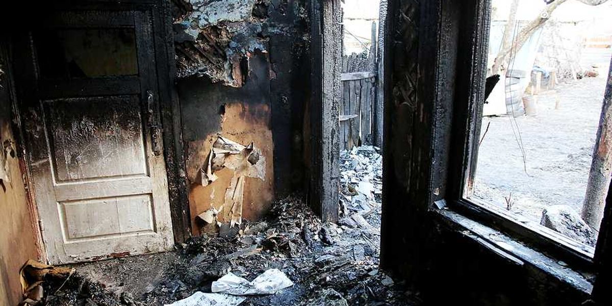 An interior photo of a burned home