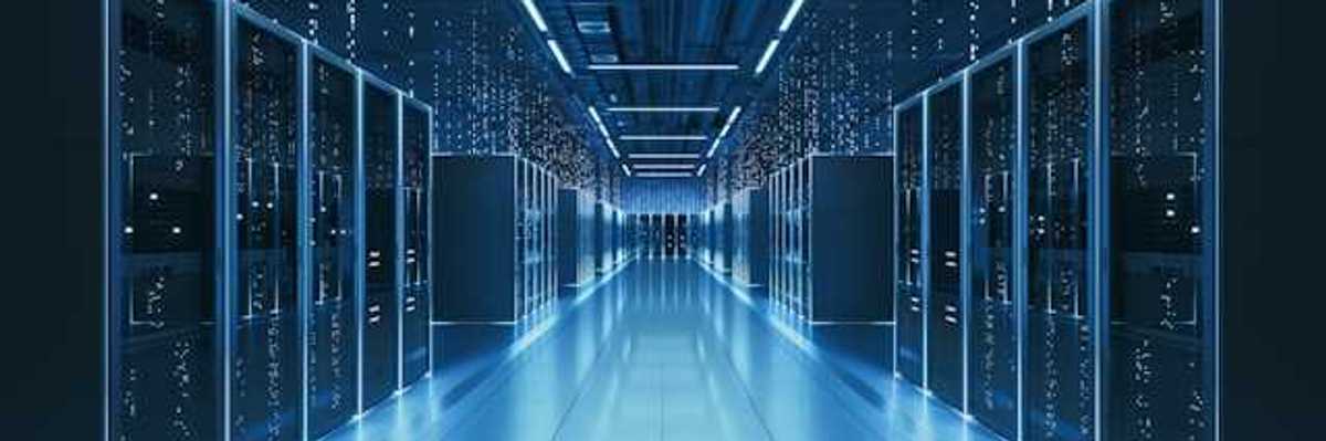 An interior view of a data center with servers stretching into the distance