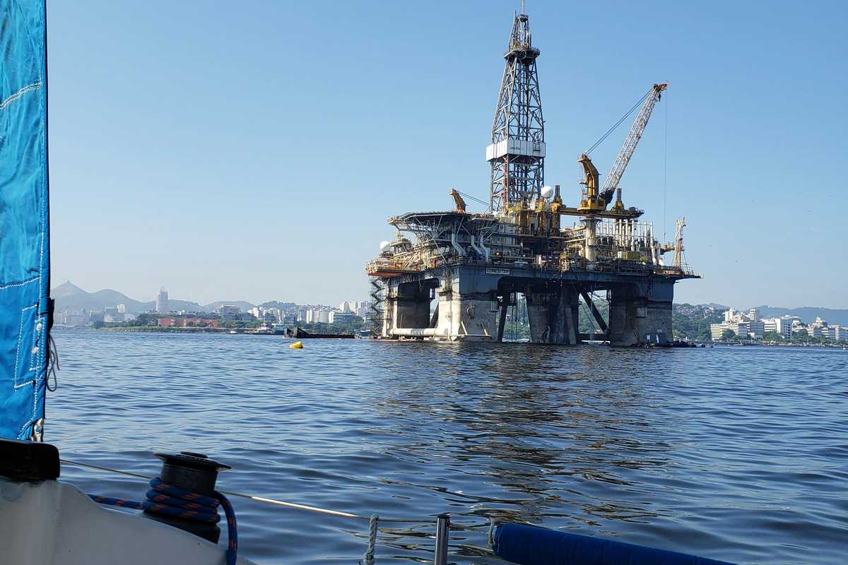 An offshore oil drilling platform near Rio de Janeiro.