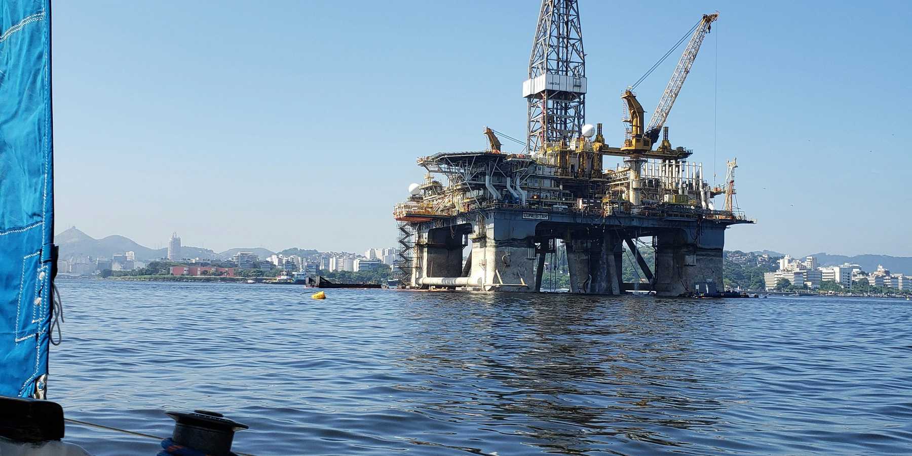 An offshore oil drilling platform near Rio de Janeiro.