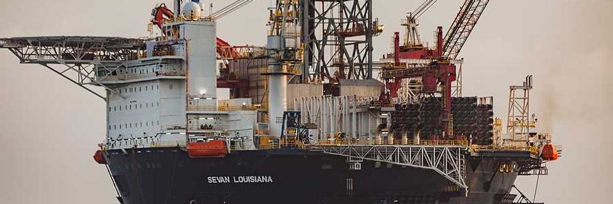 An offshore oil rig in the ocean