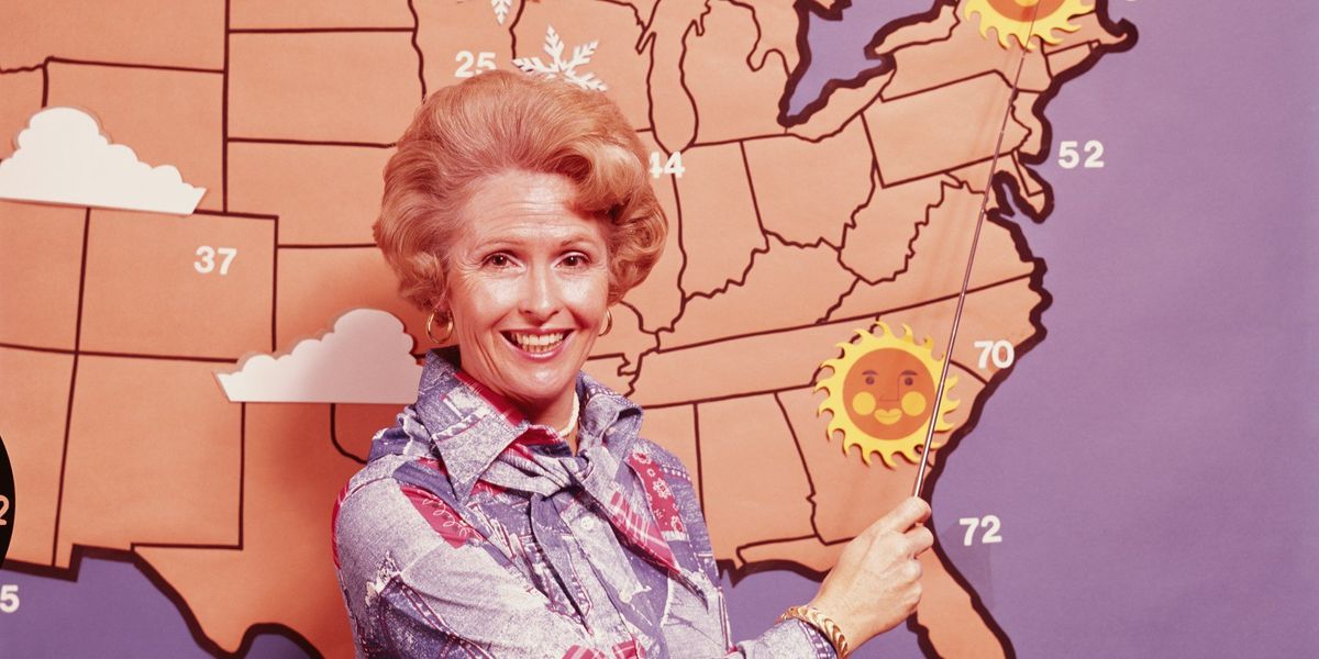 An old image of a female TV weather forecaster from the 1970s with a map and weather symbols in background.