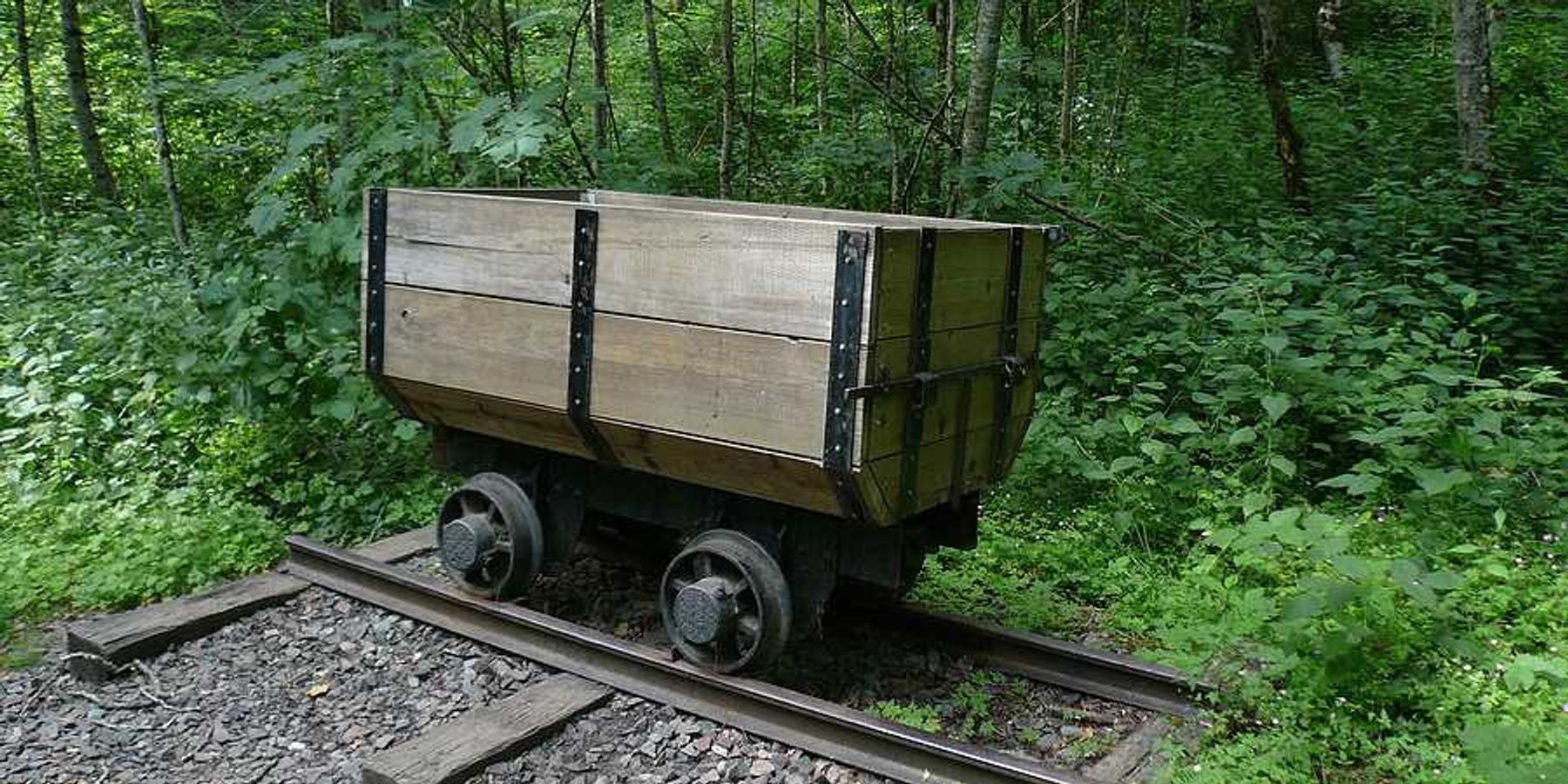 An old wooden mining cart on a rusty set of tracks with a green forest in the background