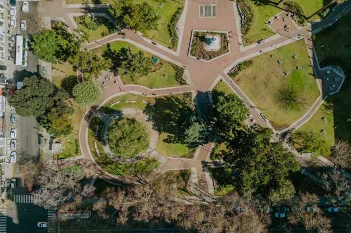 An overhead view of a park in an urban setting
