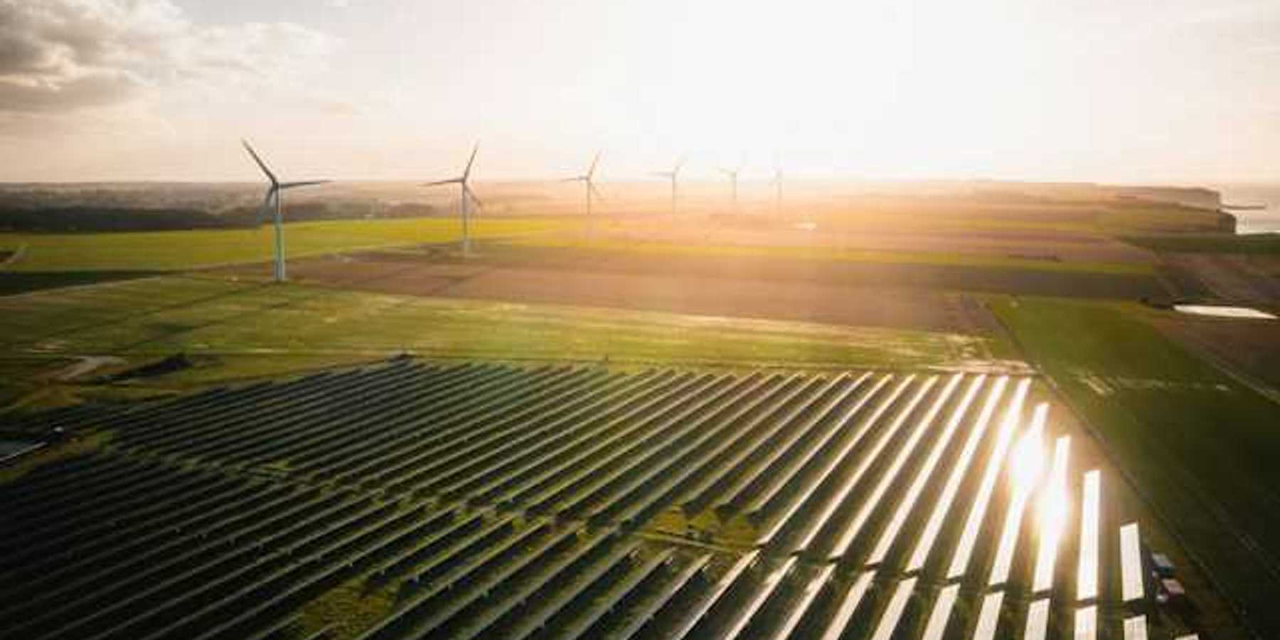 An overhead view of rows of solar panels and wind turbines in the distance