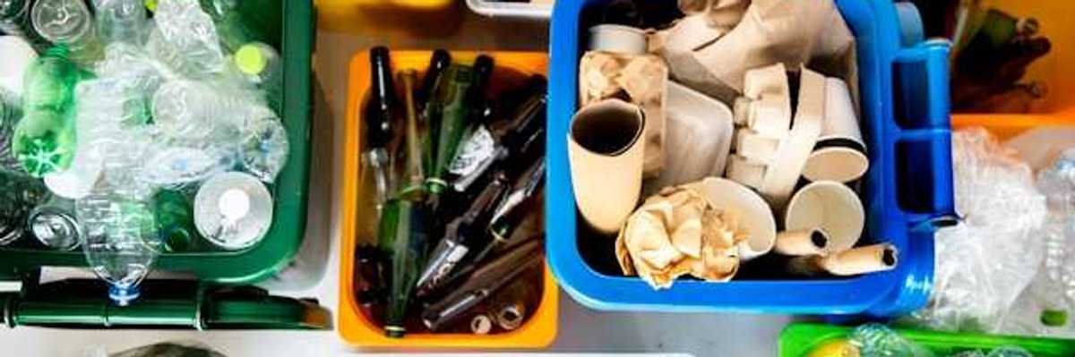 An overhead view of various recycling boxes