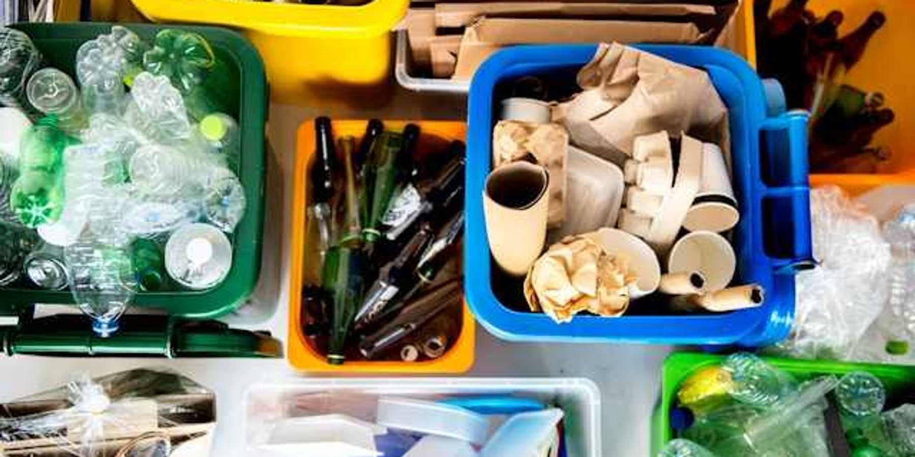 An overhead view of various recycling boxes