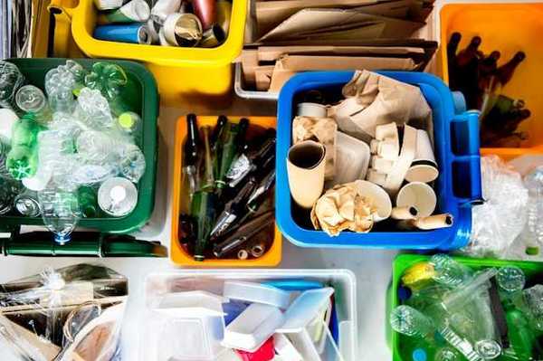 An overhead view of various recycling boxes